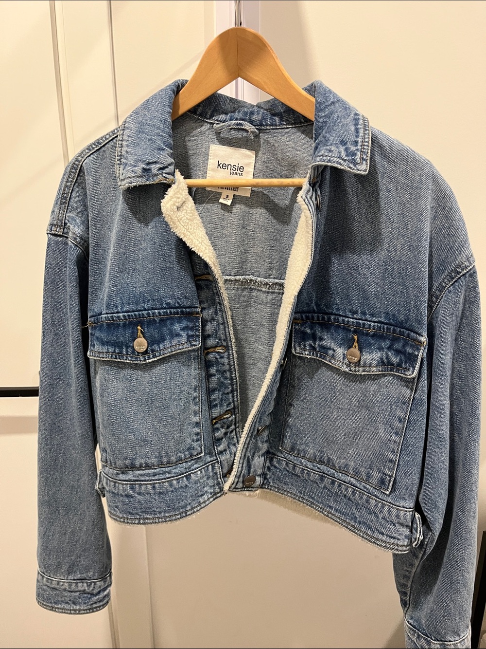 Kensie Cropped Sherpa-Lined Jean Jacket, Size S